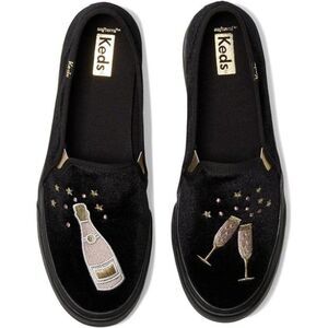 Keds Black Velvet Cheers Sneakers Slip-On Double Decker Shoes New Sz 9.5 NYE